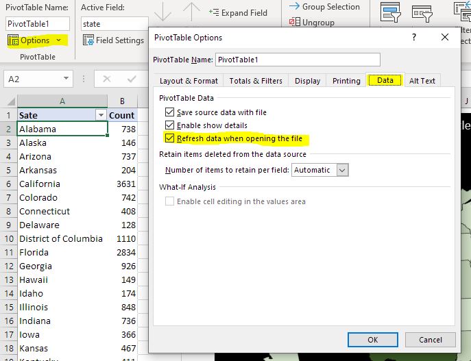 Pivot tables set to automatically refresh when file is opened