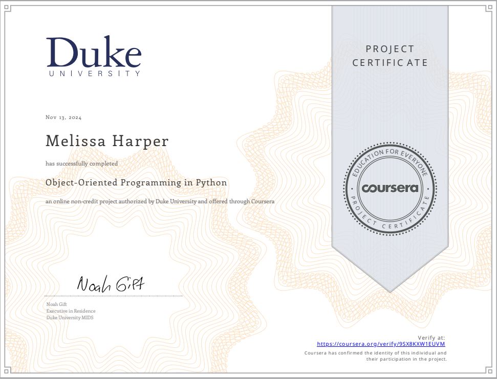 Duke University Object Oriented Programming in Python Certificate